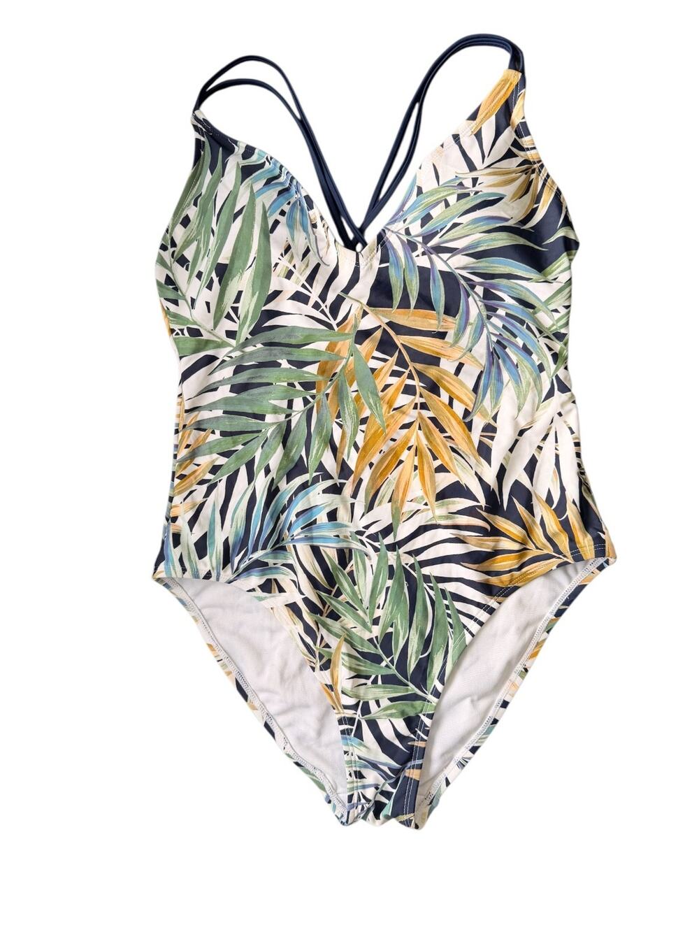 Hurley Navy Palm Leaf Print One Piece Swimsuit Strappy Crisscross Back Sz L